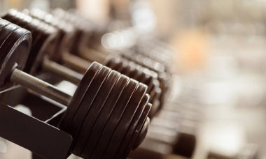 Weightlifting equipment. Dumbbells on stand in sports club, copy space