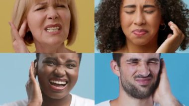 Dört birey, kulaklarını tutarken rahatsız edici ifadeler sergilerler. Hareketli arka planlar duygularını ön plana çıkarıyor, acı ya da sıkıntı dolu bir anı vurguluyor..