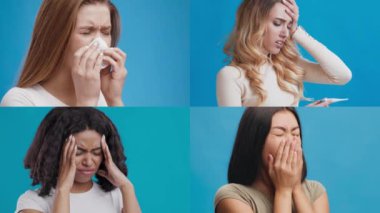 Dört kadın farklı hastalık belirtileri gösteriyor. Hapşırmak, ateşi kontrol etmek ve sıkıntılı görünmek gibi. Hepsi de açık mavi bir zemin üzerine kurulmuş..