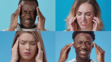 Dört birey sıkıntı belirtileri gösteriyor, her biri parlak mavi bir arka planda rahatsızlık içinde başlarını tutuyor. Yüz ifadeleri acı ve hüsranı açıkça ifade eder..