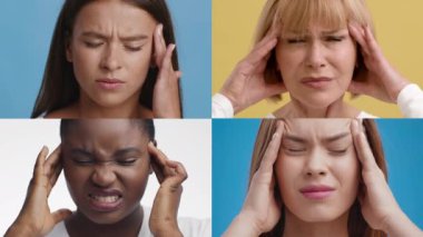 Farklı geçmişlere sahip dört kişi ayrı bir formatta gösteriliyor, her biri başlarını tutarak rahatsızlık belirtileri gösteriyor, stres ve baş ağrısını gösteriyor..