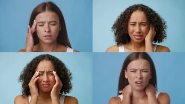 Bir kadın, yüz ifadeleri yoluyla bir takım duygular gösterir. Rahatsızlık, kafa karışıklığı ve hayal kırıklığını gösterir. Mavi bir arka plana karşı poz verirken..