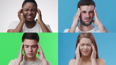 Dört birey başlarını tutarken rahatsızlık ve acı ifadeleri sergilerler. Her insan farklı renkte bir arkaplana göre ayarlanır, farklı duygular gösterir..