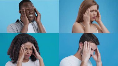 Dört kişi başlarını tutarken rahatsızlık belirtileri gösterir. Stres ya da baş ağrısı olabilir. Çelişkili arka planda ifadeleri ve duyguları vurgulanıyor..