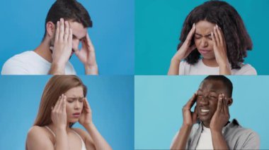 Görünüşte farklı olan dört birey başlarını tutarak rahatsızlık belirtileri gösteriyor. Arkaplan, o anın duygusal etkisini artıran parlak mavi bir renk içeriyor..