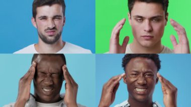 Dört birey, hayal kırıklığı ve karışıklık da dahil olmak üzere, canlı mavi ve yeşil arkaplanlara karşı farklı duygular sergiliyor, insan ifadelerinin çeşitliliğini gözler önüne seriyor..