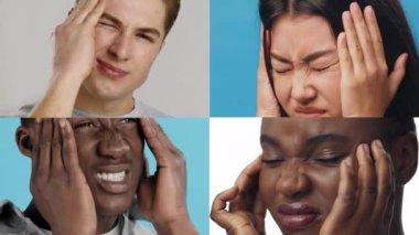 Dört birey rahatsız edici ifadeler sergiliyor, her biri farklı yüz reaksiyonlarıyla başlarını tutuyor. Bu değişik tepkiler, ortak bir huzursuzluk ya da acı duygusunu gösteriyor..