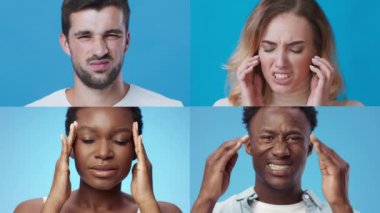 Dört birey çeşitli rahatsızlık ve stres ifadeleri sergiliyor, canlı bir mavi arkaplanda duygusal tepkiler sergiliyor, mücadele ve gerilimin özünü yakalıyor..