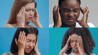 Dört kişi başlarını tutarken rahatsızlıklarını ifade ederek baş ağrılarının ortak deneyimlerini gösteriyor. Arkaplan, ifadeleriyle tezat oluşturan canlı renkler içeriyor.