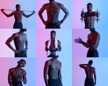 Afro-Amerikan formda adam çeşitli egzersizler yapar, güç ve esneklik gösterir. Dambıl, direniş bandı ve kulaklık takarken havlu kullanıyor.