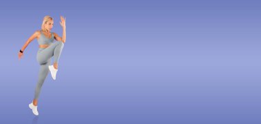 Bir dansçı enerjik bir duruş sergiliyor, bir bacağını kaldırırken dengesini koruyor. Gri bir elbisenin içinde, performans zarafet ve kuvveti, ince bir mavi zemine karşı yakalıyor..