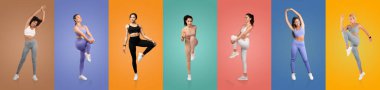 Bir grup kadın değişik spor pozları veriyor, farklı spor hareketleri ve stiller sergiliyorlar. Hareketli arka planlar hareketliliğin enerjik atmosferini arttırır..