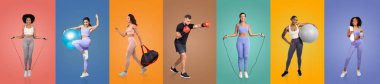 A group of individuals showcases different exercises from skipping rope to boxing, each portrayed against vibrant, solid-colored backdrops. The dynamic poses highlight fitness diversity. clipart