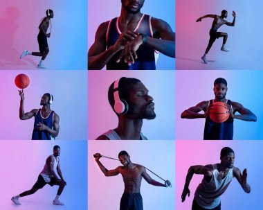 Siyah adam koşmak, basketbol oynamak ve direniş bantlarını kullanmak gibi bir dizi spor aktivitesine katılıyor. Hepsi de renkli bir zeminde. Her eylem fitness ve sportmenliği vurguluyor.