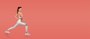 Bir fitness meraklısı hamlesini gerer, uygun form ve tekniği gösterir. Canlı arka plan hareketi vurguluyor, gücü ve esnekliği vurguluyor.