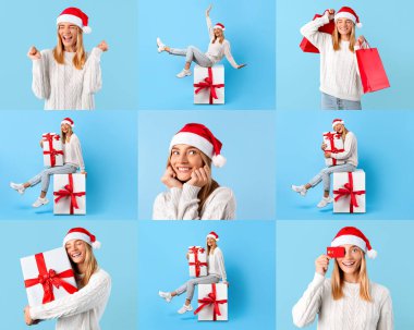 Noel Baba şapkası takan neşeli bir kadın tatil sezonunda heyecanını ifade eder. Renkli hediyelerle poz veriyor, açık mavi bir arka plana karşı neşeli bir ruh sergiliyor..