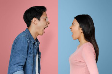 Asyalı erkek ve kadın gri arka planda birbirlerine bağırıyorlar, çiftler kavga ediyor.