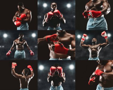 Bir boksör, kırmızı eldiven ve şort giyerek, dramatik ışıklandırmayla aydınlatılmış çeşitli pozlarda yeteneklerini sergiliyor. Atmosfer yoğunlaşıyor ve eğitime odaklanıyor..