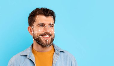 A man with a beard smiles while facial recognition technology is displayed over his face against a bright blue backdrop, showcasing modern biometric innovations. clipart