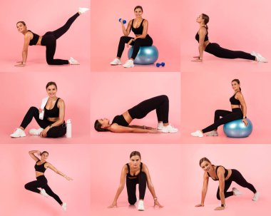 A woman engages in multiple workout routines including stretches and strength training using dumbbells and a stability ball. The vibrant pink backdrop enhances the energetic atmosphere. clipart