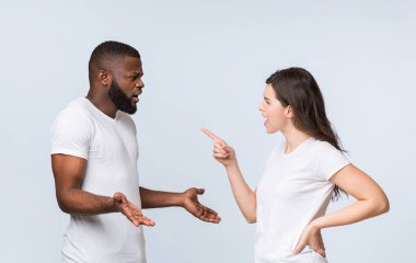 Irklar arası çift tartışıyor, kızgın genç kadın afro erkek arkadaşını suçluyor, açık arka planda yan yana duruyor ve boş alan yaratıyor.