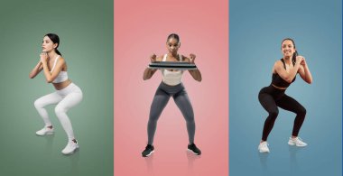 Three women demonstrate different squat variations in a vibrant studio, showcasing strength and fitness. Each athlete wears unique workout attire and maintains proper form for effectiveness. clipart