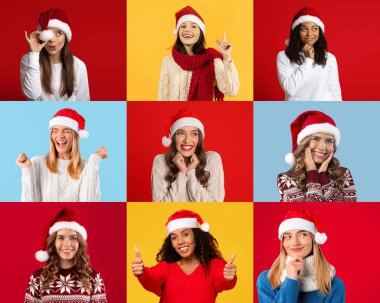 Nine individuals wearing festive Christmas hats express joy and excitement against vibrant backgrounds. Each person conveys a different mood, celebrating the holiday spirit. clipart