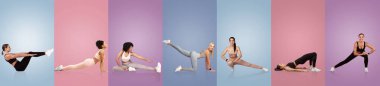 Bir grup kadın canlı pembe ve mavi arka planlara karşı farklı esneme hareketleri yapıyor. Her pozisyon esneklik ve uygunluk gösteriyor, sağlıklı bir yaşam tarzını teşvik ediyor..