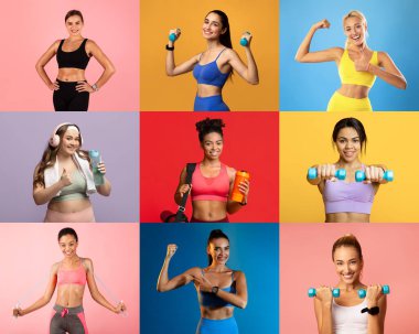 Nine women pose confidently while holding weights in bright, colorful backgrounds. Each showcases their strength and dedication to fitness and health. clipart