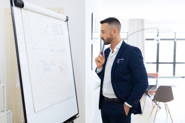 İyi giyimli bir adam grafiklerle dolu bir tablonun başında durup gün içinde modern ofis ortamında stratejik bir tartışmayla meşgul olur..
