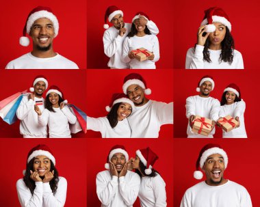 Sıcak beyaz kazaklar ve Noel Baba şapkaları giymiş neşeli siyah bir çift, çeşitli eğlenceli anları paylaşıyor, tatil sezonu boyunca heyecan ve sevgi gösteriyorlar ve çevrelerinde canlı süslemeler var..