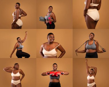 A confident African American overweight woman showcases various workout poses, from lifting weights to skipping rope, emphasizing strength and body positivity against a warm-toned backdrop. clipart