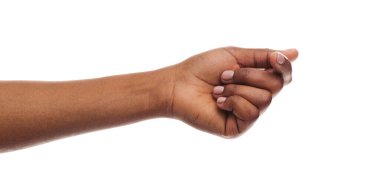 Siyah kadın el nakit jest gösteren, para isteyen, beyaz arka plan üzerinde izole. Kopyalama alanı ile Panorama