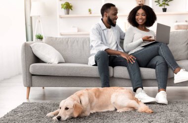İnternetten Alışveriş Konsepti. Çekici Afro-Amerikan eşlerinin portresi rahat koltukta oturup bilgisayar kullanarak, alışverişi tartışarak, hediyeyi seçerek, halıya uzanmış bir köpekle.