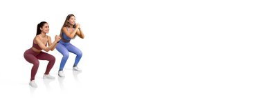 Canlı aktif giyimli iki kadın çömelme egzersizi yapıyor. Odaklanırlar ve iyi aydınlatılmış kapalı bir ortamda doğru formu gösterirler, fitness bağlılıklarını gösterirler..