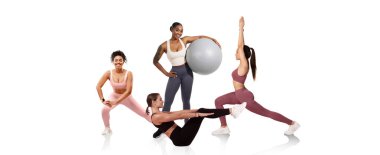 Dört kadın, iyi ışıklandırılmış bir stüdyoda fitness topu ve yoga pozları kullanarak, takım çalışmasını teşvik ederek ve canlı bir atmosferde sağlıklı bir yaşam sürerek çeşitli idmanlara katılıyorlar..