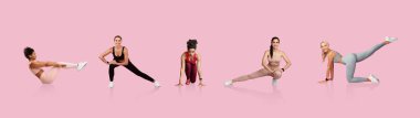 Beş kadın canlı pembe bir zemin üzerinde çeşitli egzersiz rutinleri sergiliyor. Güç, esneklik ve denge gösteriyorlar. Her bir birey benzersiz hareketleri ve pozları vurgular.