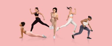 Koşu, atlama ve ağırlık kullanmak gibi çeşitli spor aktiviteleri yapan beş kadın. Farklı fitness stilleri ve kıyafetleri sergiliyorlar. Güç ve sağlığa bağlılık gösteriyorlar..