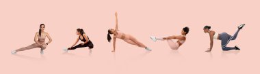 Beş kadın çeşitli esneme egzersizleri yapıyor, esneklik ve güç gösterisi yapıyorlar. Antrenman, parlak bir stüdyoda, yumuşak pembe bir arka planda gerçekleşiyor..