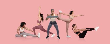 Beş kadın, esneklik, güç ve koordinasyon göstererek çeşitli egzersizler yapıyor. Hareketli bir çalışma ortamında çeşitli pozisyon ve teknikler gösterirler..