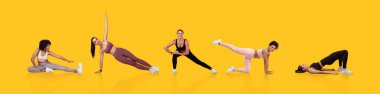 A group of women demonstrates different fitness exercises including stretches and strength training. The vibrant yellow background adds energy to their workout session. clipart