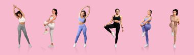 Six women showcase a variety of fitness poses and stretches against a vibrant pink background, emphasizing movement and flexibility during their workout routine. clipart