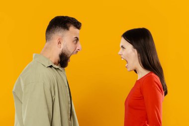 Genç çift, parlak sarı bir arka planda karşı karşıya duruyor. İkisi de yoğun duygular ifade ediyor. Bağrışıyorlar, anlaşmazlıklarını ve güçlü duygularını gösteriyorlar..