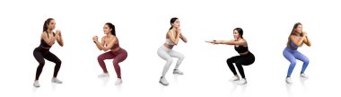 Beş kadın çeşitli renklerde ve spor kıyafetlerinde çömelme egzersizleri yapıyor. Odaklanma seviyeleri, kapalı alandaki parlak ve minimal fitness seviyelerini gösteriyor..