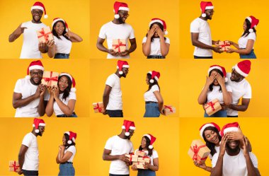 A joyful African American couple shares a festive moment, exchanging gifts and smiles while wearing Santa hats. They celebrate the spirit of love and togetherness in a colorful collage setting. clipart