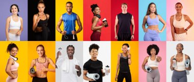 Çeşitli bireyler spor kıyafetleriyle poz veriyor, spor aksesuarlarını canlı ortamlarda tutuyorlar. Her insan, spor için güven ve motivasyonu ifade eder. Kapsamlılığı gösterir..