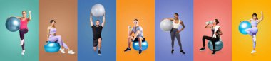 A dynamic collection of young men and women engaging in various fitness routines using stability balls. clipart