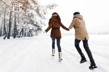 Tanımlanamayan eşler Karlı Orman 'da El ele tutuşup Kaçıyor. Panorama, Boşluğu Kopyala
