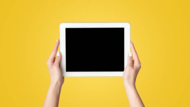 Bin yıllık kızın beyaz arka plan ve panorama karşısında tasarım için tablet bilgisayarı gösteren kırpılmış görüntüsü