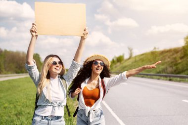 İki bayan arkadaş otostop çekiyorlar, ellerinde boş karton tabela ve maket var, yol kenarında arabayı durduruyorlar, kopyalama alanı. Yaz özgürlüğünün tadını çıkaran güzel genç kadınlar, otostop ile seyahat ediyorlar.